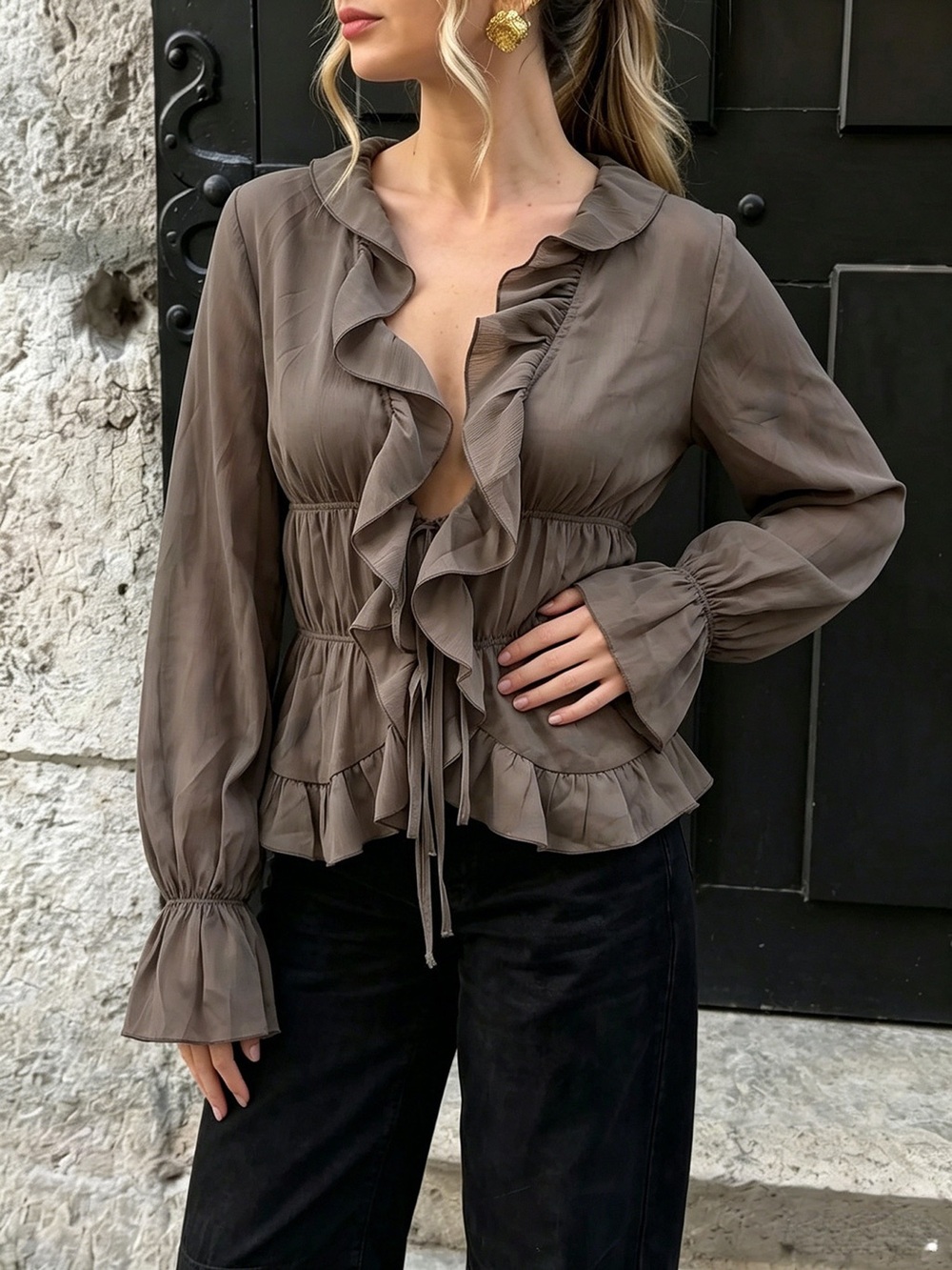 Ruffled V-Neck Long Sleeve Blouse